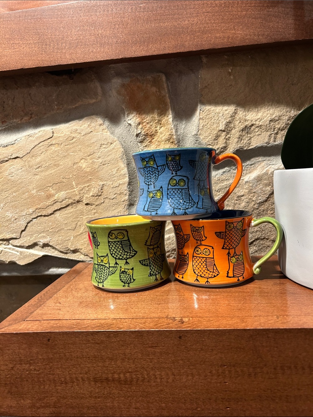 Pier 1 Colorful Owl Stoneware Mugs - Blue, Orange, Green